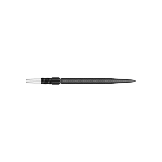 Target Swiss Point Nano Dartpunten - Zwart Das Bild zeigt eine schwarze Dartspitze mit feinen Rillen. Sie ist schmal und gerade geformt.