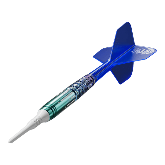 Auf dem Bild ist ein Softdart namens "Target Japan Cathy Leung Charis GEN4 Softdarts - 21g" zu sehen. Der Dart hat einen metallic-grünen Schaft und blaue Flights.