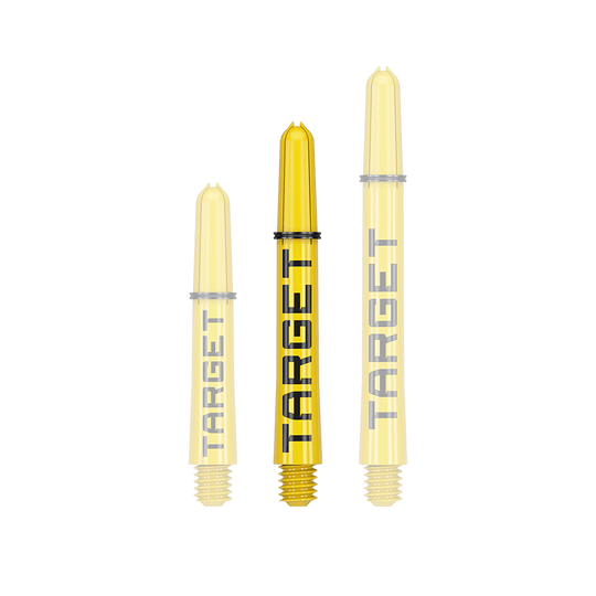 Target Pro Grip TAG Shafts - 3 sets - Geel Das Bild zeigt drei gelbe Dartschäfte in verschiedenen Längen. Auf jedem Schaft steht das Wort "TARGET" in schwarzer Schrift.