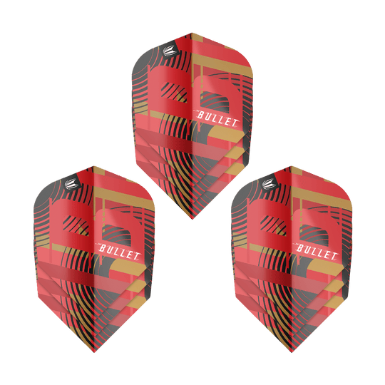 Target Pro Ultra Stephen Bunting GEN5 No6 vluchten - 3 sets Das Bild zeigt drei Sets von Target Pro Ultra Stephen Bunting GEN5 No6 Flights. Die Flights haben ein auffälliges Design in Rot, Schwarz und Gold mit dem Schriftzug "Bullet".
