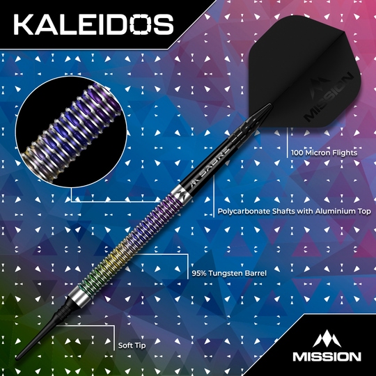 Mission Kaleidos softdarts - 19 g Das Foto zeigt Mission Kaleidos Softdarts - 19g. Es handelt sich um hochwertige Darts für Hobby- und Profispieler.