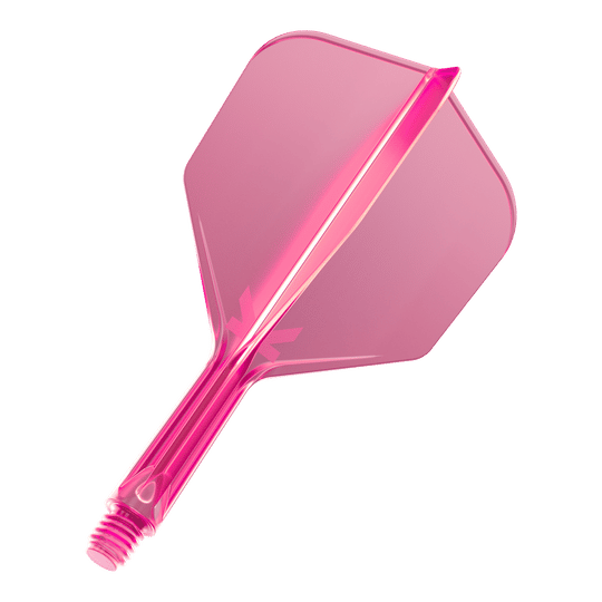 Das Bild zeigt eine neonpinke Dartflügel-Kombination mit integriertem Schaft. Das Material wirkt durchsichtig und hat einen modernen Look.