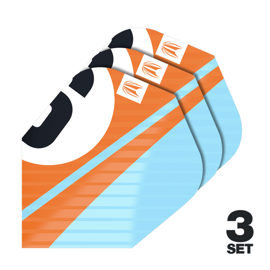 Target Pro Ultra Chicane Oranje Ten-X Flights - 3 sets Das Bild zeigt drei Sätze Target Pro Ultra Chicane Orange Ten-X Flights. Die Flights sind orange und hellblau mit einem auffälligen Design.