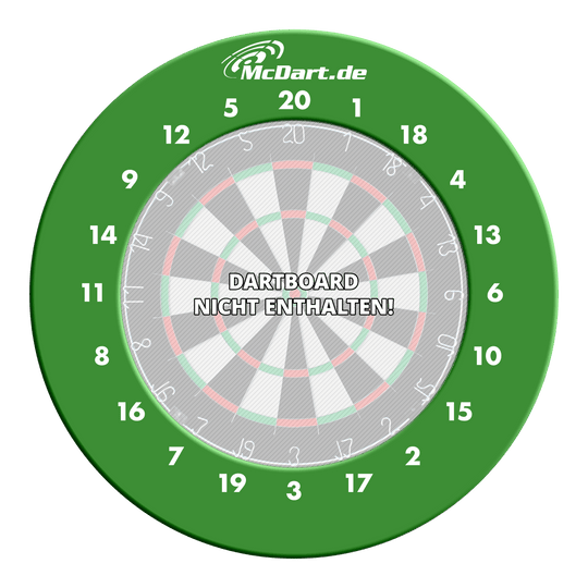 McDart HD Zahlen Surround Das Bild zeigt einen grünen Dart-Surround-Ring mit weißen Zahlen und dem Logo "McDart.de" oben. In der Mitte steht der Hinweis "DARTBOARD NICHT ENTHALTEN!"