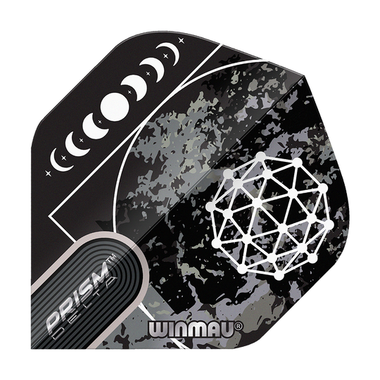 Winmau Prism Delta Callisto No2 Standaardvluchten Das Bild zeigt das Produkt "Winmau Prism Delta Callisto No2 Standard Flights". Es hat ein schwarzes Design mit Mondphasen und geometrischem Muster.