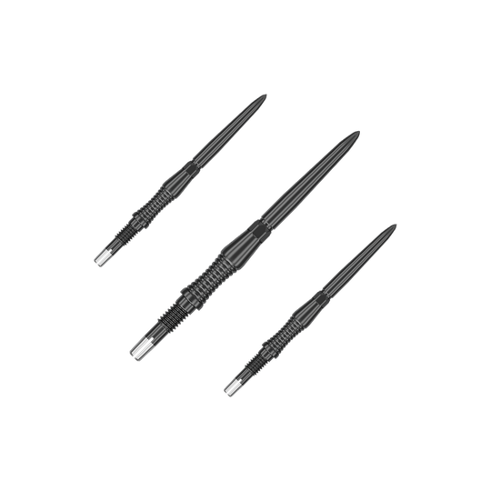 Target Swiss Point Dartpunten Signature RST - Zwart Das Bild zeigt schwarze Dartspitzen mit RST-Design, 30mm, von Target Swiss Point. Die Aufnahme präsentiert die Spitzen als Set.
