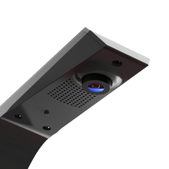 GranDarts Gran Eye GEN2 Steeldart automatisch scoresysteem Das Bild zeigt das GranDarts GranEye Steeldart Auto-Scoring-System. Zu sehen ist eine Nahaufnahme des Geräts mit einer Kamera und Belüftungsschlitzen.