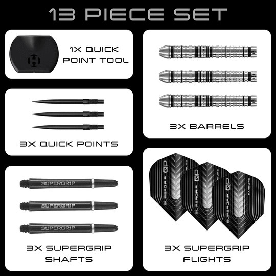 Harrows Supergrip Tapered Quick Point stalen dartpijlen Zu sehen sind die Harrows Supergrip QP Tapered Quick Point Steeldarts. Diese Darts bieten eine hochwertige Verarbeitung für optimale Spieleigenschaften.