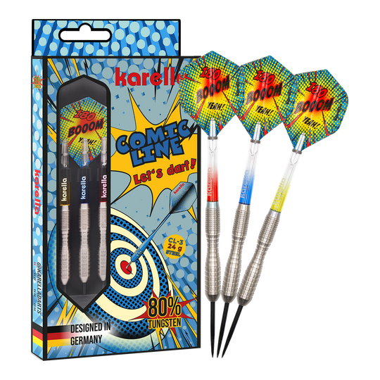 Karella Comic Line CL-3 stalen dartpijlen - 24 g Das Bild zeigt das Produkt Karella Comic Line CL-3 Steeldarts - 24g in voller Länge. Die Steeldarts sind klar zu erkennen.