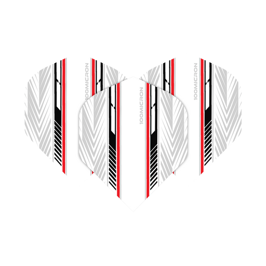 Pentathlon Flights wit/zwart/rood Das Bild zeigt die Pentathlon White Black Red No2 Standard Flights. Die Flights haben ein weißes Grunddesign mit schwarzen und roten Streifen sowie grafischen Mustern.