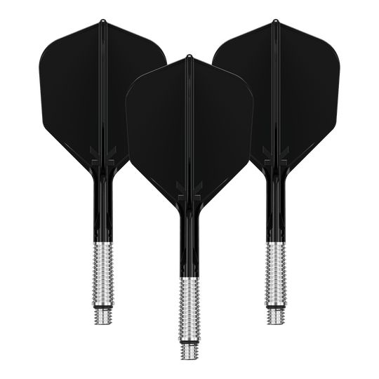 Target K-Shift No6 Flights - Zwart Das Bild zeigt ein Set von Dart Flights in Schwarz mit der Bezeichnung '410551 Target KShift No6 Flights Schwarz 33mm'. Die Flights sind für Dartpfeile bestimmt.