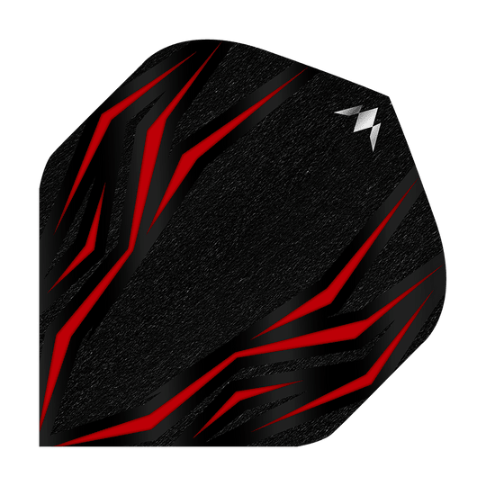 Mission Lava Red No2 Standaardvluchten Das Bild zeigt ein schwarzes Dartflight mit roten, flammenartigen Linien. In der oberen rechten Ecke befindet sich ein kleines, silbernes Logo.