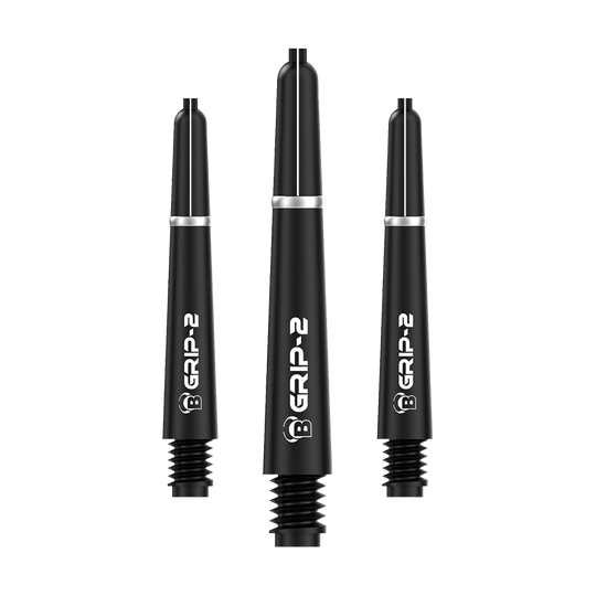 BS55071_Bulls_B-Grip-2_SL_Shafts_Schwarz_35mm_1 Das Bild zeigt drei schwarze Bulls B-Grip-2 SL Shafts für Dartpfeile. Die Shafts haben ein schlichtes Design mit weißer Aufschrift und silbernem Ring.
