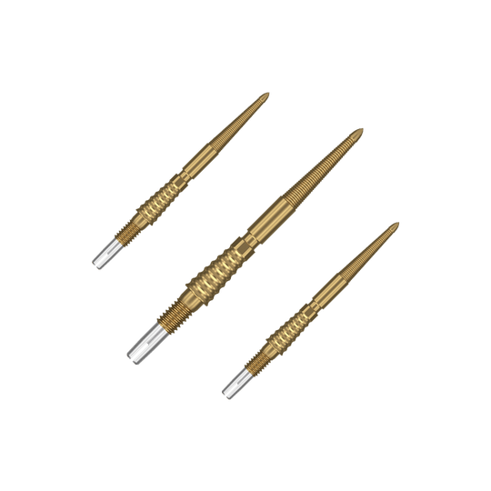 Target Swiss Storm LNC darttips - goud Das Bild zeigt drei goldfarbene Dartspitzen, die nebeneinander angeordnet sind. Sie haben ein geriffeltes Design zur besseren Griffigkeit.