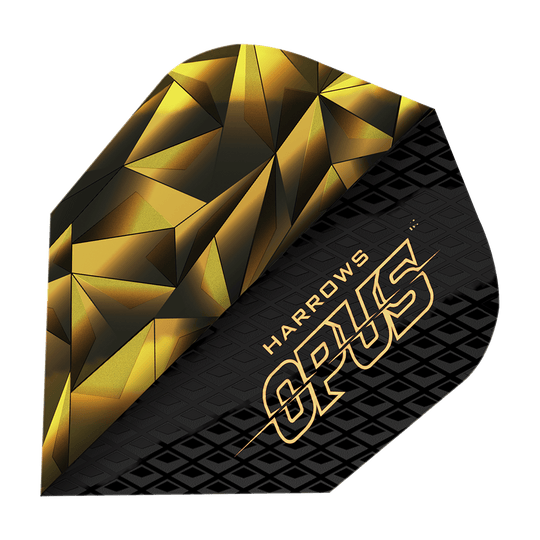 Harrow's Opus Versie 1 Vluchten Dies ist ein Bild des Produkts "Harrows Opus Version 1 Flights". Das Flight-Design ist schwarz-golden mit geometrischen Mustern und dem Schriftzug "HARROWS OPUS".