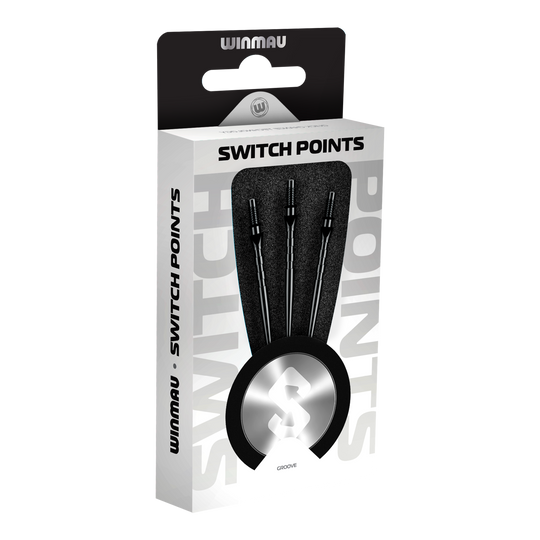 Winmau Switch Point Groove stalen dartpunten - zwart Abgebildet sind Winmau Switch Point Groove Steeldartspitzen in Schwarz. Die Dartspitzen haben Rillen und eine schwarze Farbe.