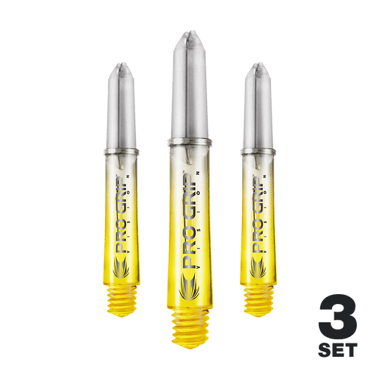 Auf dem Bild sind drei gelbe Pro Grip Vision Shafts für Darts zu sehen. Unten rechts steht, dass es sich um ein 3er-Set handelt.
