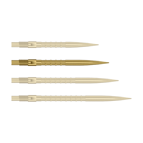 Harrows Quick Point Heavy Metal Dartpunten - Goud Abgebildet ist eine einzelne goldene Dartspitze mit 30mm Länge und Metallgriff. Es handelt sich um die Harrows Quick Point Heavy Metal Grip Dartspitzen Gold 30mm.