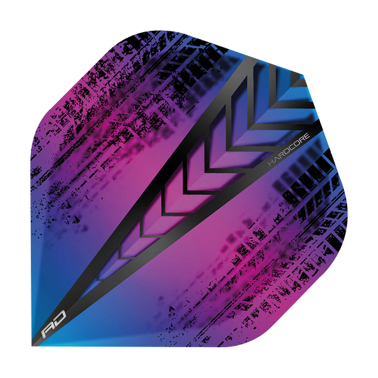 TF6334_Red_Dragon_Hardcore_Standard_Flights_6334_1 Das Bild zeigt das Produkt "Red Dragon Hardcore Standard Flights 6334". Das Flight hat ein auffälliges Design mit schwarz-violetten und blauen Farbverläufen sowie einem modernen Muster.