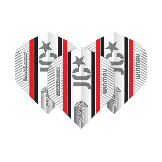Winmau Alpha Joe Cullen Cullen 85 Standaardvluchten Das Bild zeigt drei Winmau Alpha Joe Cullen 85 Standard Flights für Darts. Sie sind überwiegend weiß mit schwarzen und roten Streifen sowie silbernen Aufdrucken.