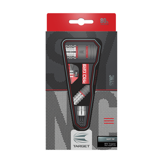 210302_Targer_Sync_11_Softdarts_3 Auf dem Bild ist eine Verpackung mit Softdarts der Marke Target zu sehen. Die Darts bestehen zu 80 % aus Tungsten und haben die Bezeichnung "SYNC".