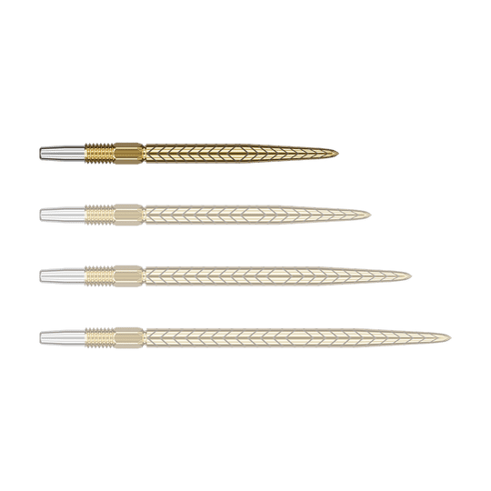 Auf dem Bild sind vier goldfarbene Dartspitzen mit silbernem Gewinde zu sehen. Sie liegen nebeneinander und haben ein feines Muster auf der Oberfläche.