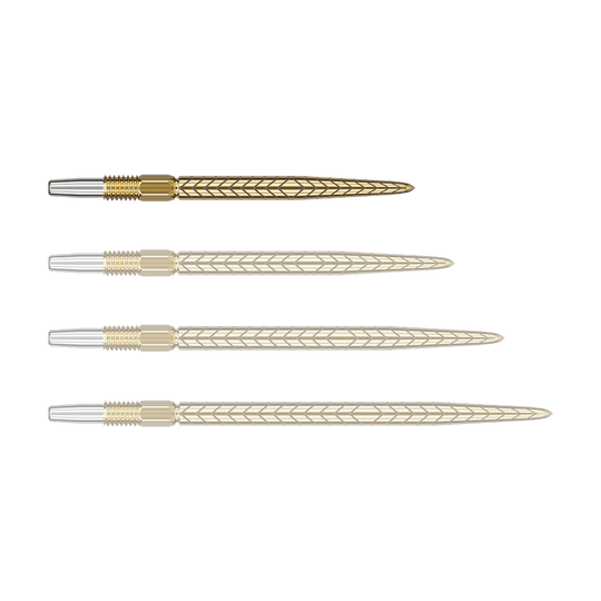 Target Swiss Point RVE darttips - Goud Auf dem Bild sind vier goldfarbene Dartspitzen mit silbernem Gewinde zu sehen. Sie liegen nebeneinander und haben ein feines Muster auf der Oberfläche.