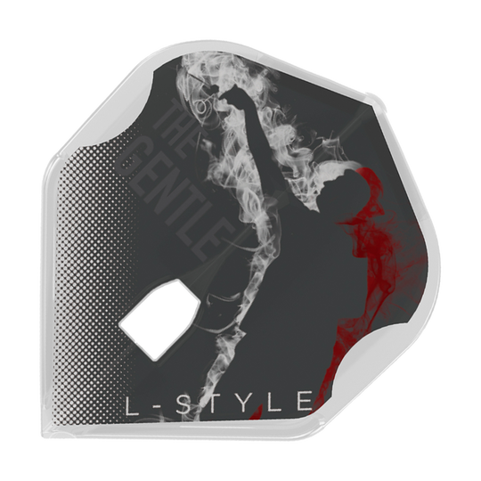 Das Bild zeigt das Produkt "L-Style Mensur Suljovic V1 TypeA L1PRO Flights". Auf dem Flight ist die Silhouette eines spielenden Dartsportlers mit Rauch- und Grafikeffekten abgebildet.