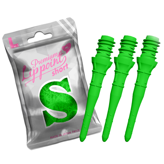 L-Style Premium Lippoints Short (30er Pack) Auf dem Bild ist eine silberne Verpackung mit der Aufschrift „Premium Lippoint short“ zu sehen. Daneben befinden sich drei kurze, neon-grüne Spitzen für Softdartpfeile.