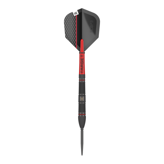 Target Scope 02 Swiss Point stalen darts Das Bild zeigt einen Target Scope 02 Swiss Point Steeldart. Der Dart ist schwarz und rot gestaltet und hat eine strukturierte Spitze sowie ein modernes Flight-Design.
