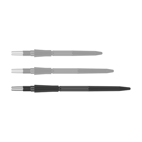 Target Elysian Archetype 43 Swiss Point stalen dartpijlpunten - zwart Eine schwarze Dartspitze mit einer Länge von 42 mm ist abgebildet. Die Spitze hat eine schlanke Form.