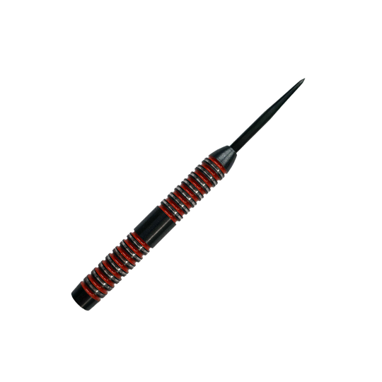 McDart Crimson Steeldart-vaten Das Bild zeigt einen McDart Crimson Steeldart Barrel. Der Barrel ist schwarz mit auffälligen roten Ringen und hat ein gerilltes Design für besseren Halt.