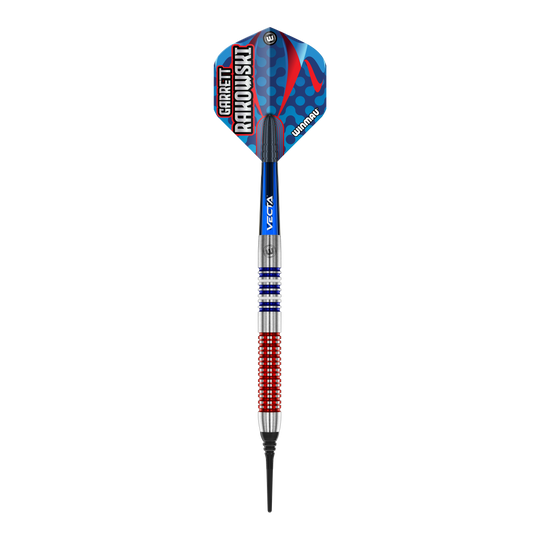 Winmau Garrett Rakowski zachte dartpijlen - 20 g Das Bild zeigt einen Winmau Garrett Rakowski Softdart mit einem Gewicht von 20g. Der Dart hat ein farbenfrohes, modernes Design mit blauen, roten und silbernen Elementen.