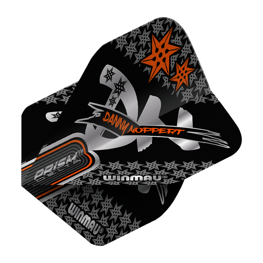 Winmau Prism Delta Danny Noppert Black Signature No2 Standaardvluchten Das Bild zeigt die Winmau Prism Delta Danny Noppert Black Signature No2 Standard Flights. Die Flights sind schwarz mit silbernen und orangefarbenen Sternen und dem Namen "Danny Noppert" bedruckt.