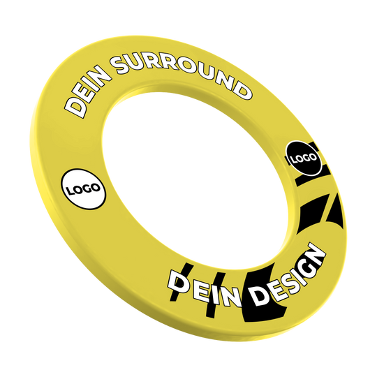 Dartbordomlijsting met uw eigen ontwerp Das Bild zeigt ein Produkt namens MSF-Gelb_Dartboard_Surround_Wunschdruck_Gelb_1. Es handelt sich um einen gelben Dartboard-Surround mit individuellem Druck.