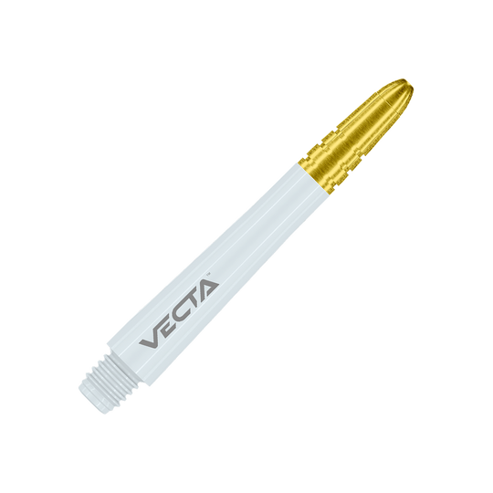 Winmau Vecta Shafts - Weiß Gold Das Bild zeigt einen weißen Dart-Schaft mit einer goldenen Spitze. Auf dem Schaft steht das Wort "VECTA".