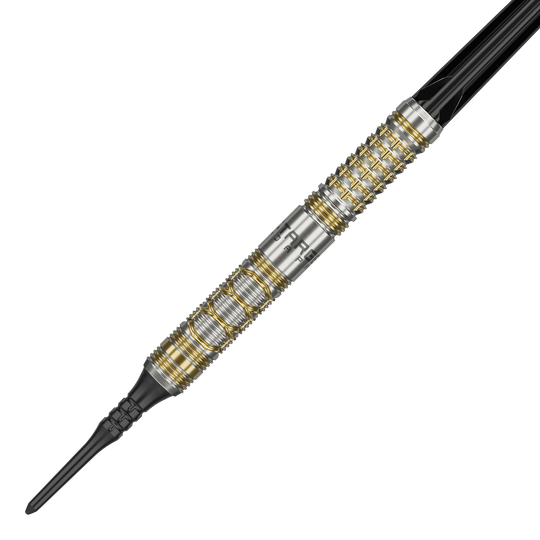 Target Japan Black Marque Reyn GEN2 Soft Darts - 17,5 g Das Bild zeigt den Softdart "Target Japan Black Marque Reyn GEN2" mit einem Gewicht von 17,5 g. Der Dartpfeil hat ein silbernes Design mit goldenen Akzenten und einer schwarzen Spitze.