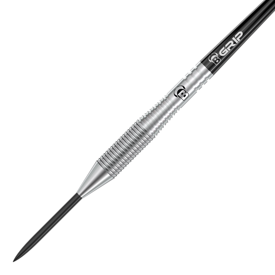 Bulls Martin Schindler TW80 stalen darts Das Bild zeigt einen Bulls Martin Schindler TW80 Steeldart. Der Dartpfeil ist silberfarben mit einer geriffelten Griffzone und schwarzem Schaft.