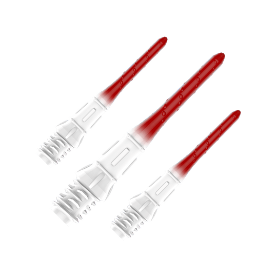 L-Style Premium Lippoint Gradiation Dart Tips (verpakking van 30) Das Bild zeigt drei hochwertige Dartspitzen mit einem Farbverlauf von Weiß zu Rot. Die Spitzen sind ordentlich nebeneinander angeordnet und haben eine glänzende Oberfläche.