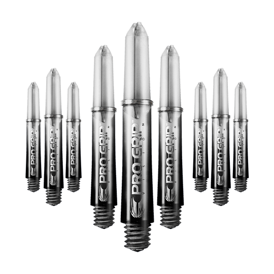 Target Pro Grip Vision Shafts - 3 sets - Zwart Auf dem Bild sind mehrere schwarze Dartschäfte der Marke "Pro Grip Vision" zu sehen. Sie sind in einer Reihe angeordnet und haben eine glänzende Oberfläche.