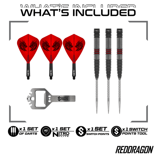 Zu sehen sind die Red Dragon Jonny Clayton Hireath Switch Point Steeldarts. Diese Pfeile sind für ihre hochwertige Verarbeitung bekannt.