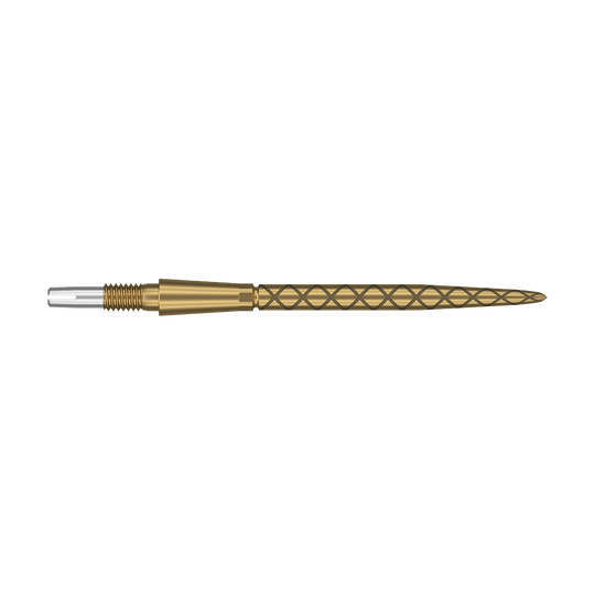 Target Swiss Storm Diamond Point Dartpunten - Goud Auf dem Bild ist eine goldene Dartspitze mit Diamantmuster zu sehen. Die Spitze ist lang und hat am hinteren Ende einen silbernen Schraubaufsatz.