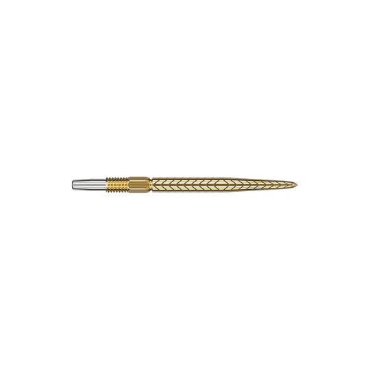 Target Swiss Point RVE darttips - Goud Auf dem Bild ist eine goldfarbene Dartspitze mit einem Muster zu sehen. Der vordere Teil der Spitze ist silberfarben.
