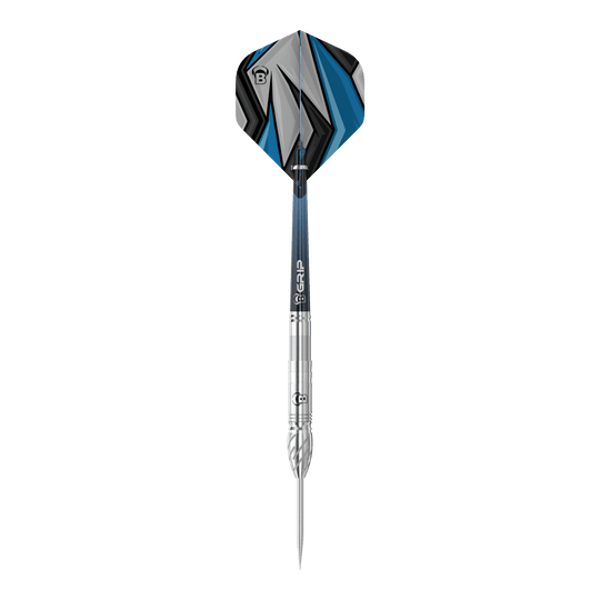 Bulls Stone S1 Steeldarts Das Bild zeigt einen Steeldart der Marke Bulls, Modell Stone S1. Der Dart hat eine silberne Spitze und Schaft sowie ein Flight mit blau-schwarzem Muster.