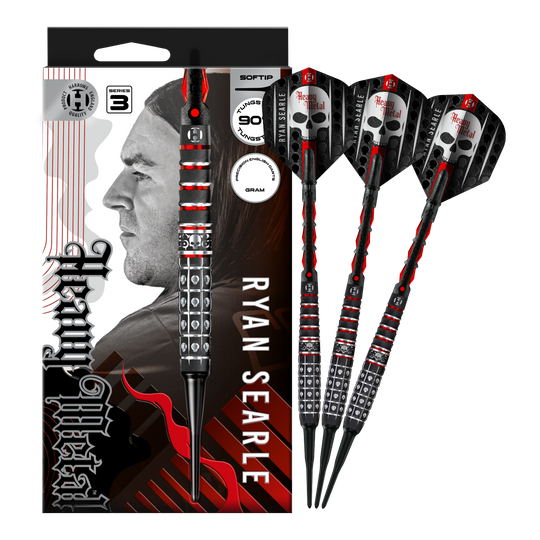 Harrow's Ryan Searle Series 3 zachte darts Das Foto zeigt Harrows Ryan Searle Series 3 Softdarts in voller Ansicht. Der Artikel ist für Softdart-Spiele gedacht.