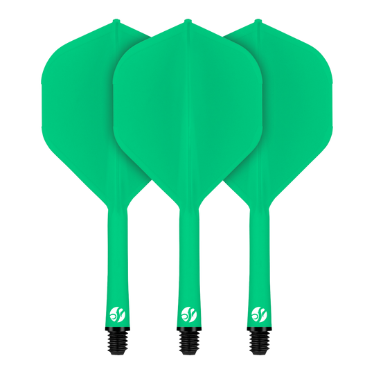 Das Bild zeigt drei grüne Dart-Flights des Produkts "Shot Flight Deck No2 Standard Flight-System - Grün". Sie sind nebeneinander angeordnet und haben ein einheitliches Design.