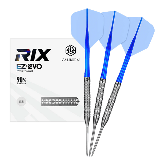Caliburn Rix EZ-EVO R2 stalen dartpijlen Hier wird das Produkt Caliburn Rix EZ-EVO R2 Steeldarts vollständig präsentiert. Die Darts sind komplett zu sehen.