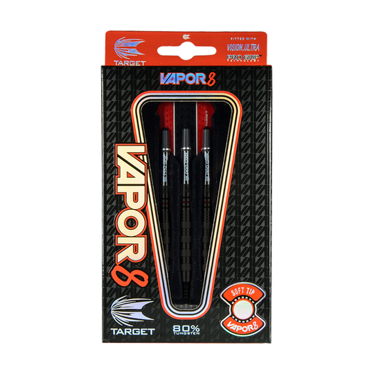 Die Abbildung zeigt die Target Vapor8 01 Softdarts mit einem Gewicht von 18g in ihrer Verpackung. Die Darts bestehen aus 80% Tungsten und haben Softtips.