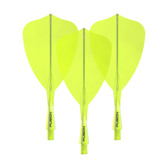 Winmau Fusion Flight Shaft System Arrow Neon Yellow Das Winmau Fusion Flight Shaft System Arrow Neon Yellow 22mm Set ist auf dem Bild zu sehen. Es besteht aus gelben Dart-Flights und -Schäften.