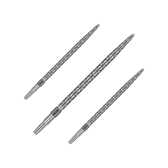 Target Swiss Diamond Pro Silver Points dartpunten Auf dem Bild sind drei silberne Dartspitzen mit einem rautenförmigen Muster zu sehen. Sie sind nebeneinander angeordnet und haben eine Länge von 40 mm.